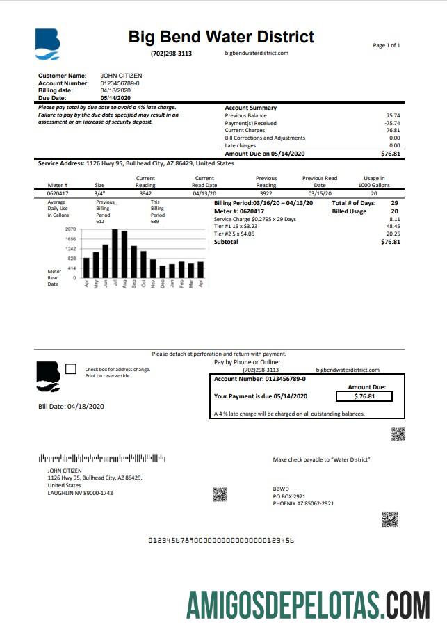 Para baixar modelo de conta de serviços públicos do distrito de água Big Bend dos EUA Nevada em formato Word e PDF